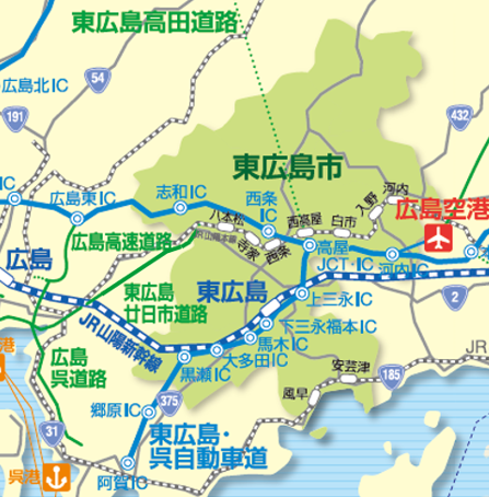 広島県外から東広島市へ訪れるための概略地図