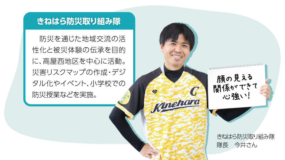 きねはら防災取り組み隊。防災を通じた地域交流の活 性化と被災体験の伝承を目的 に、高屋西地区を中心に活動。 災害リスクマップの作成・デジタル化やイベント、小学校での防災授業などを実施。