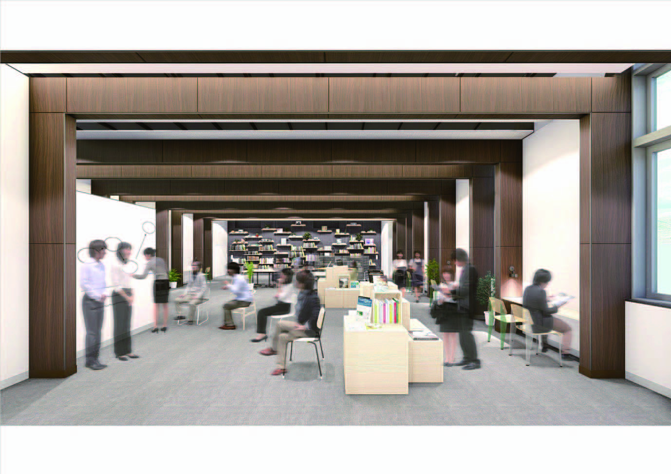 写真手前が交流センター、奥が図書スペース