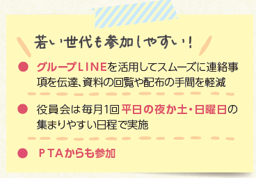 グループLINEを活用してスムーズに連絡事 項を伝達、資料の回覧や配布の手間を軽減.役員会は毎月1回平日の夜か土・日曜日の 集まりやすい日程で実施.PTAからも参加