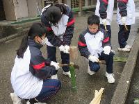 門松づくりで竹を切っている生徒たち