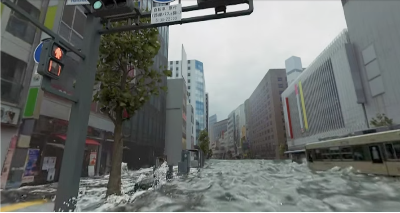 来場者がVRで津波時の体験をしている。