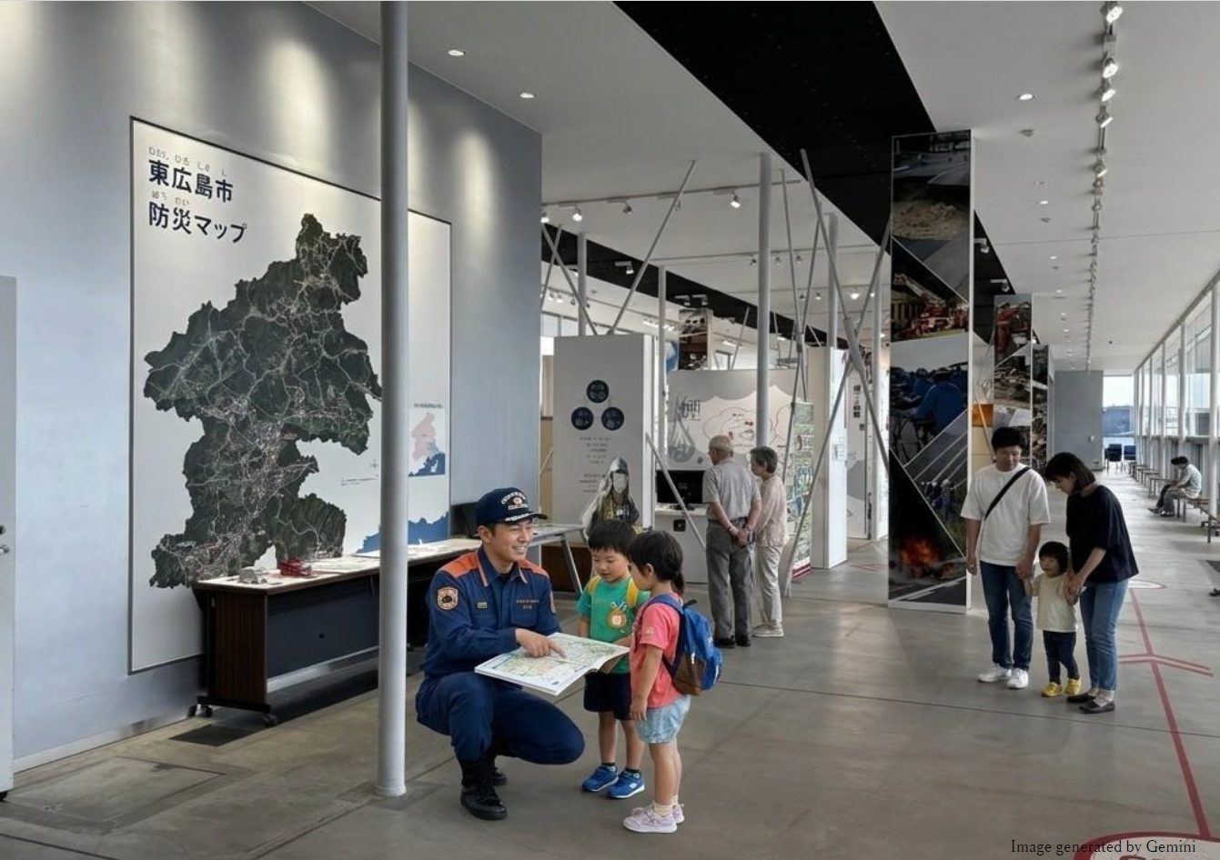 防災センター内に幅広い世代の見学者がいる。庁舎見学の様子。