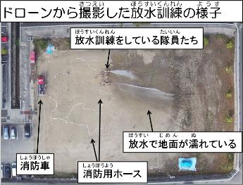 ドローンから撮影した放水訓練の様子