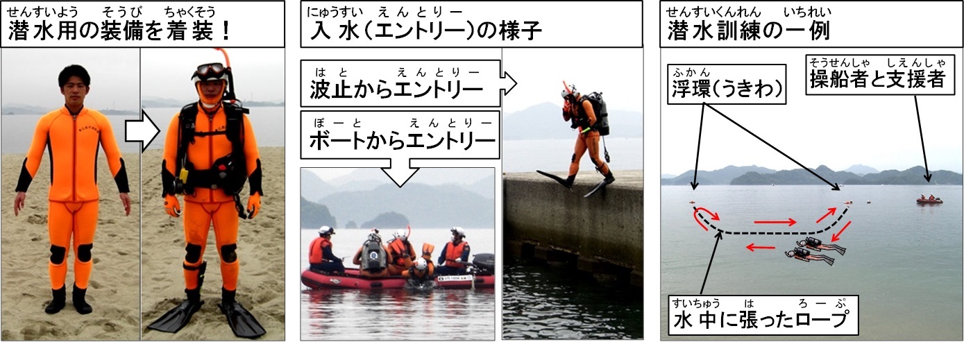 左から、装備装着、入水、訓練の一例、の画像