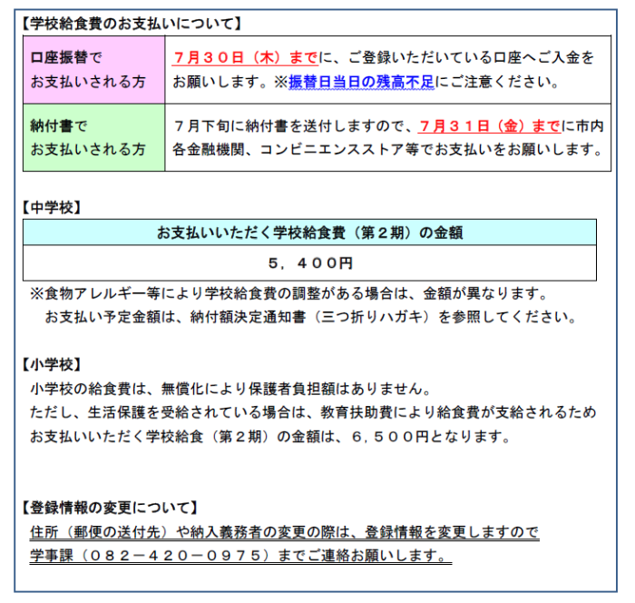 学校給食費のお支払いについて、口座振替でお支払いされる方は、7月30日木曜日までに、ご登録いただいている口座へご入金をお願いします。振替日当日の残高不足にご注意ください。納付書でお支払いされる方は7月下旬に納付書を送付しますので、7月31日金曜日までに市内金融機関、コンビニ等でお支払いをお願いします。就学援助認定者及び生活保護受給者で公金振替を適用している方への請求はありません。お支払いいただく学校給食費第2期の金額は、中学校5,400円です。ただし、食物アレルギー等により、学校給食費の調整がある場合は、金額が異なります。6月中旬にお送りしている納付額決定通知書等を参照ください。
